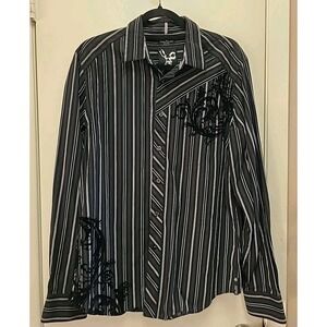 MARC‎ ECKO Cut & Sew Long Sleeve Black White Striped Velvet design Mens Size M